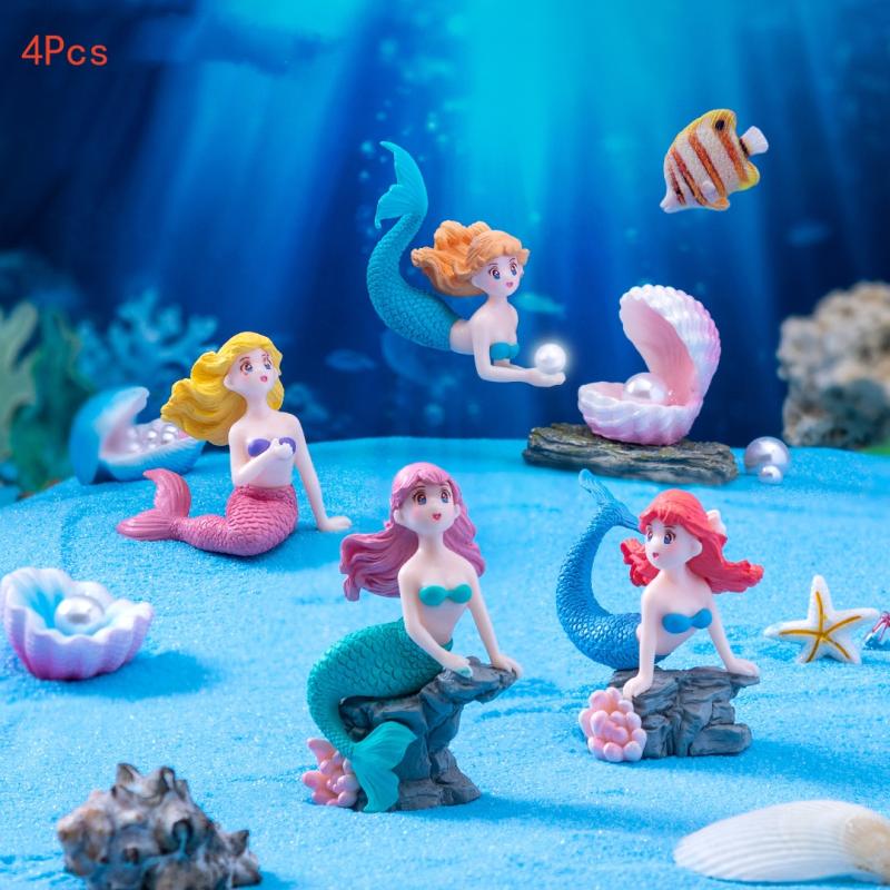 Aquarium Fish Enrichment - 4Pcs Plastic Fish Tank Little Mermaid